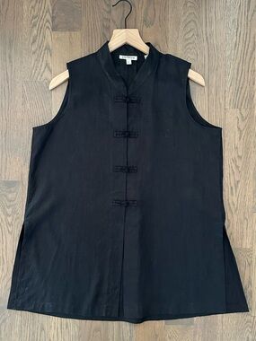 Vintage Ann Taylor Band Collar Frog Knot 100% Linen Tunic Blouse in Black Large